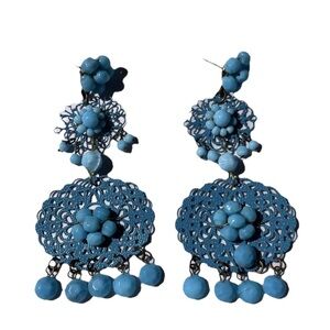 VTG Bohemian Turquoise Beaded Dangle 3” Chandelier Tiered Earrings Tropical